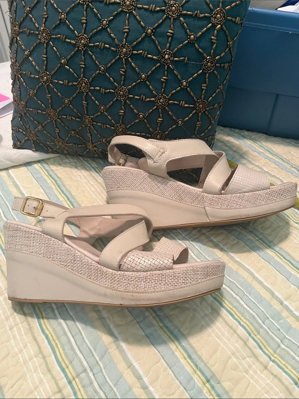 Women’s Cream Strappy Wedge Sandals with Textured Toe Strap